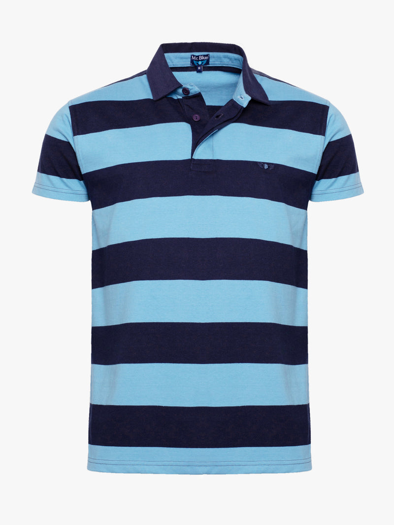 Rugby polo shirt 100% cotton thick stripes shades of blue