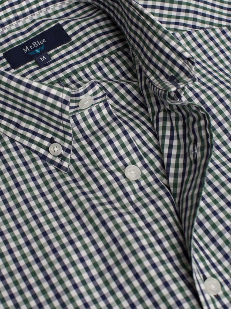Camisa Popelina manga curta quadrados pequenos azul escuro e verde