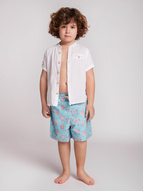Children's classic swim shorts with pink and blue pattern