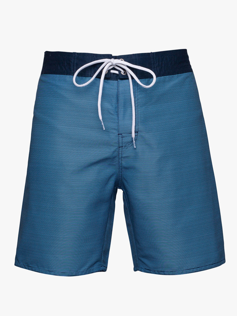 Surfer shorts with thin dark blue and light blue stripes