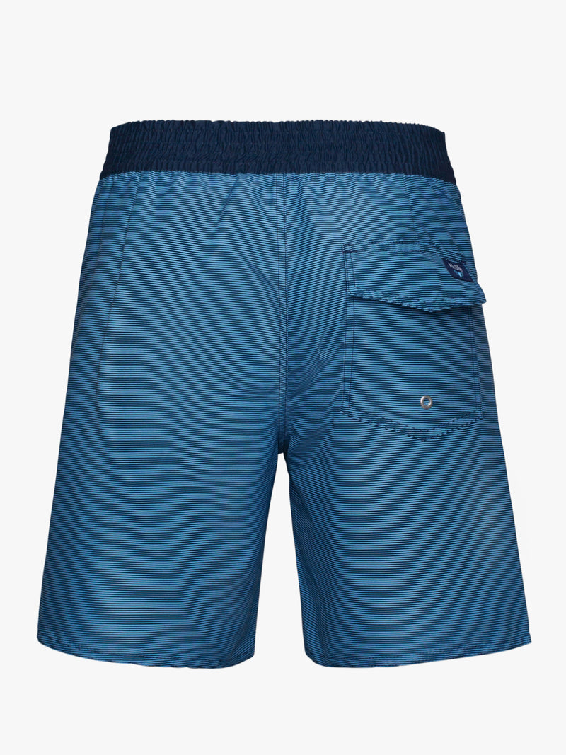 Surfer shorts with thin dark blue and light blue stripes