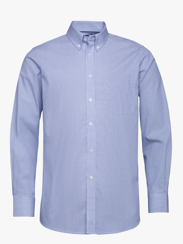 Camisa Oxford algodão às riscas branco e azul com bolso