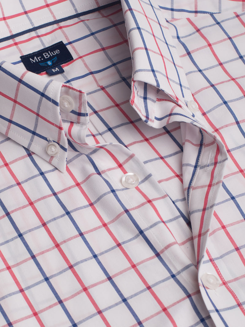 Camisa algodão aos quadrados branco e azul com bolso