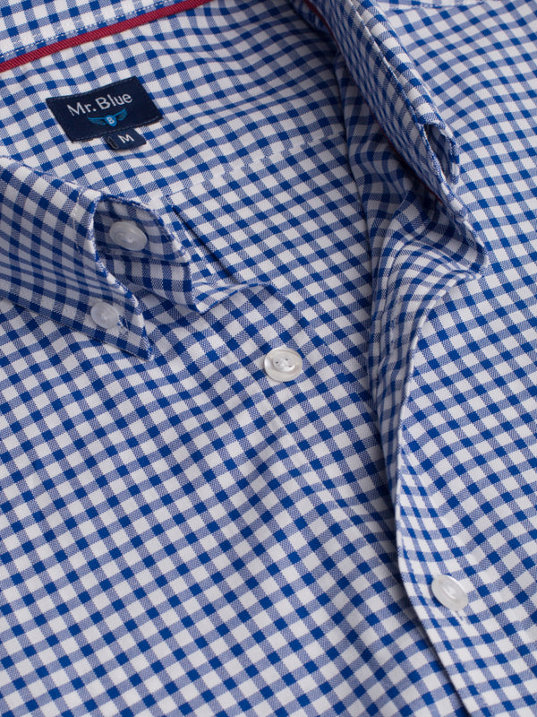 Camisa algodão aos quadrados branco e azul com logo bordado