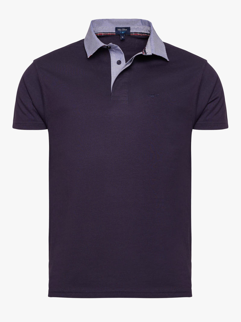 Smooth dark blue short sleeve Rugby polo shirt with contrast collar and collar