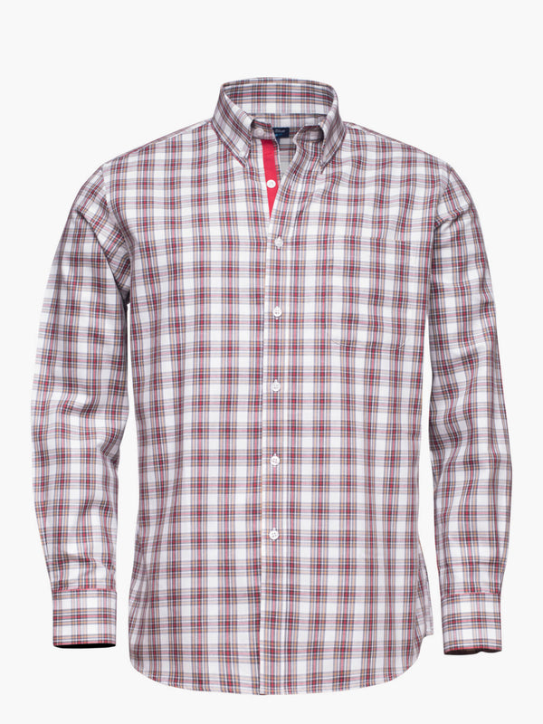 Camisa algodão aos quadrados vermelho e castanho com bolso e detalhes