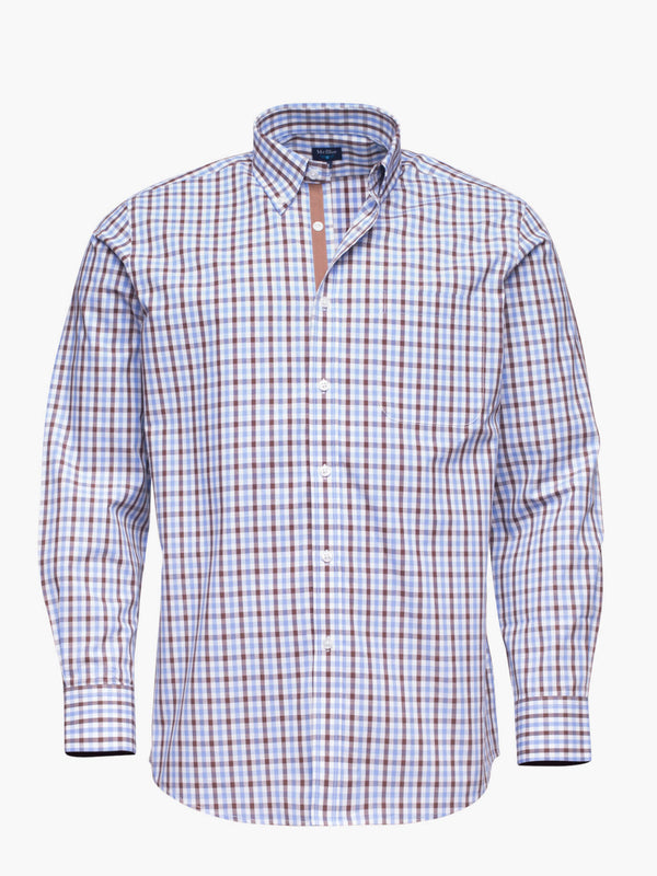 Camisa algodão aos quadrados azul claro e castanho com bolso e detalhes