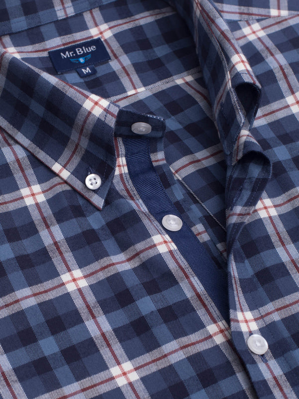 Camisa de Flanela aos quadrados azul escuro com bolso e detalhes