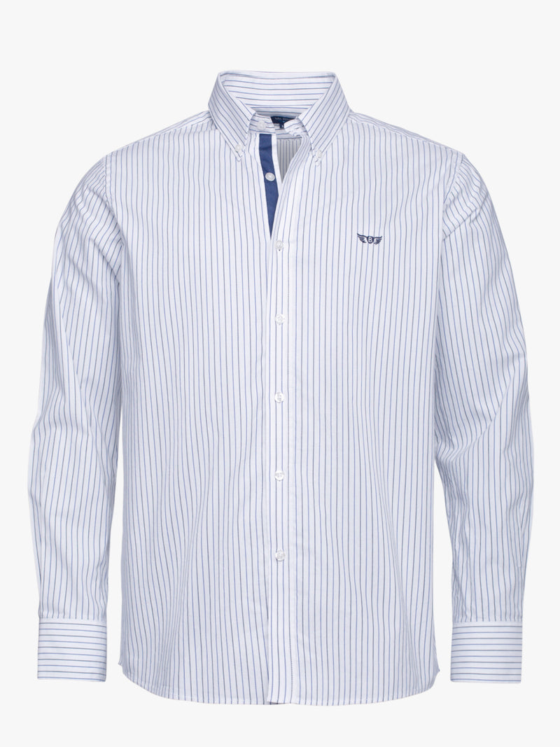 Camisa algodão Oxford às riscas branco e preto com logo bordado e detalhes