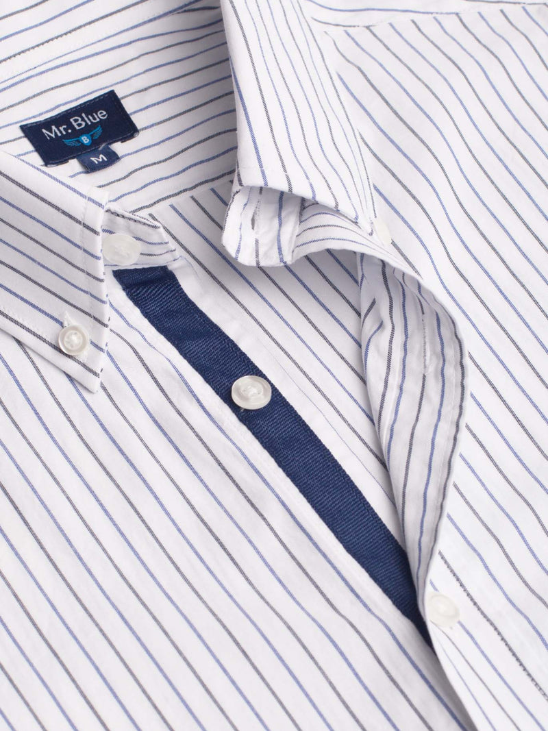 Black and white striped Oxford cotton shirt with embroidered logo and details