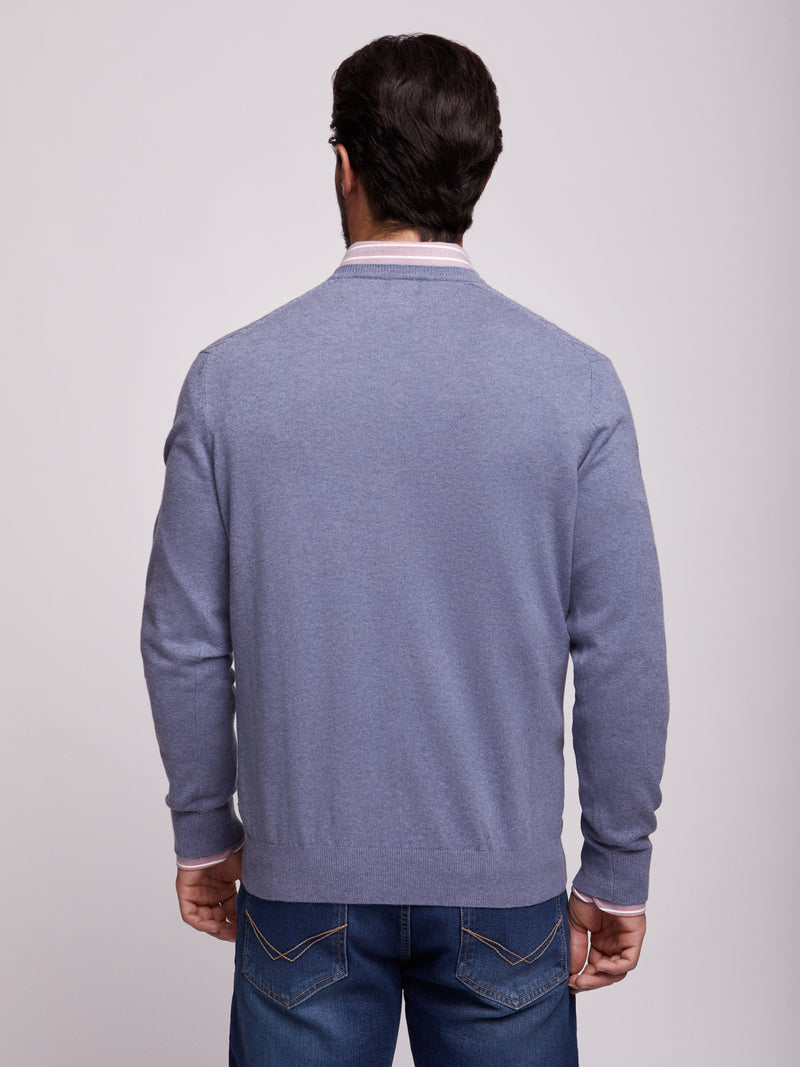 Blue gray cotton and cashmere sweater with V-neck