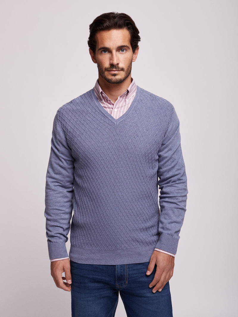 Blue gray cotton and cashmere sweater with V-neck
