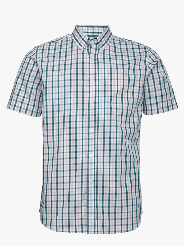 Camisa algodão manga curta aos quadrados verde, branco e beige