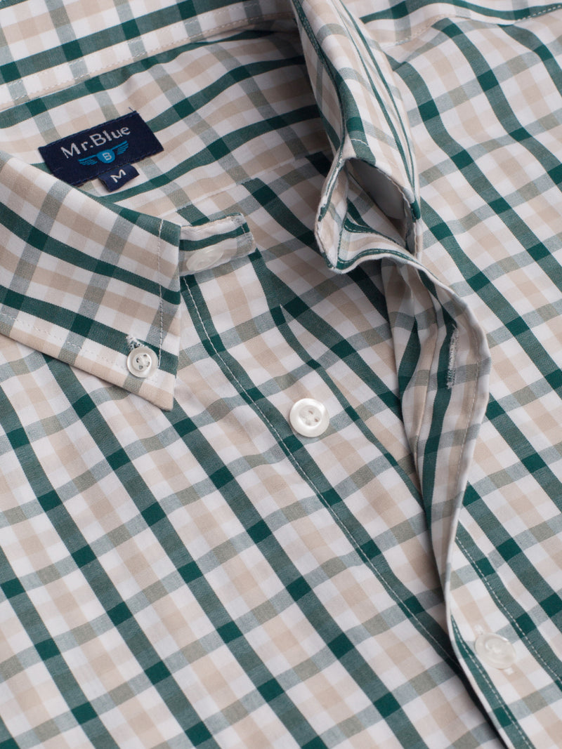 Camisa algodão manga curta aos quadrados verde, branco e beige