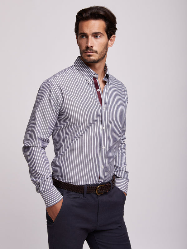 Dark gray and white striped cotton Oxford shirt regular fit