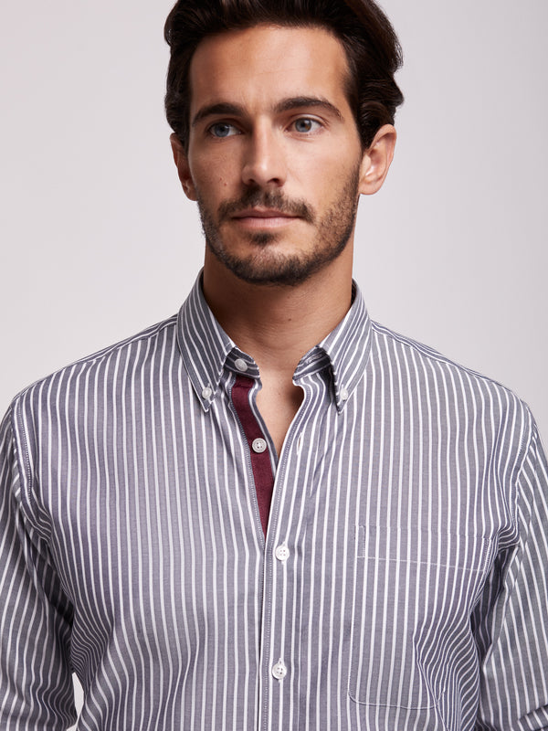 Dark gray and white striped cotton Oxford shirt regular fit