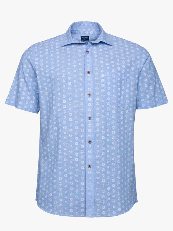 Camisa linho manga curta estampada azul claro e branco com detalhes