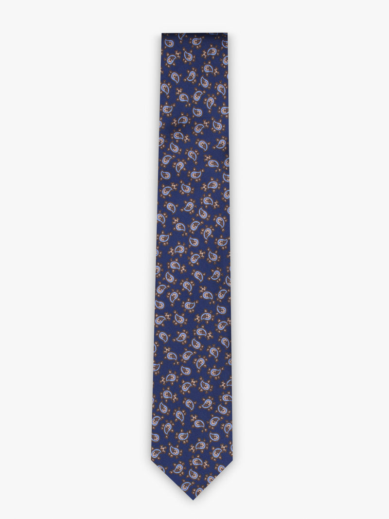 Cravate fantaisie en soie jacquard bleu foncé et marron