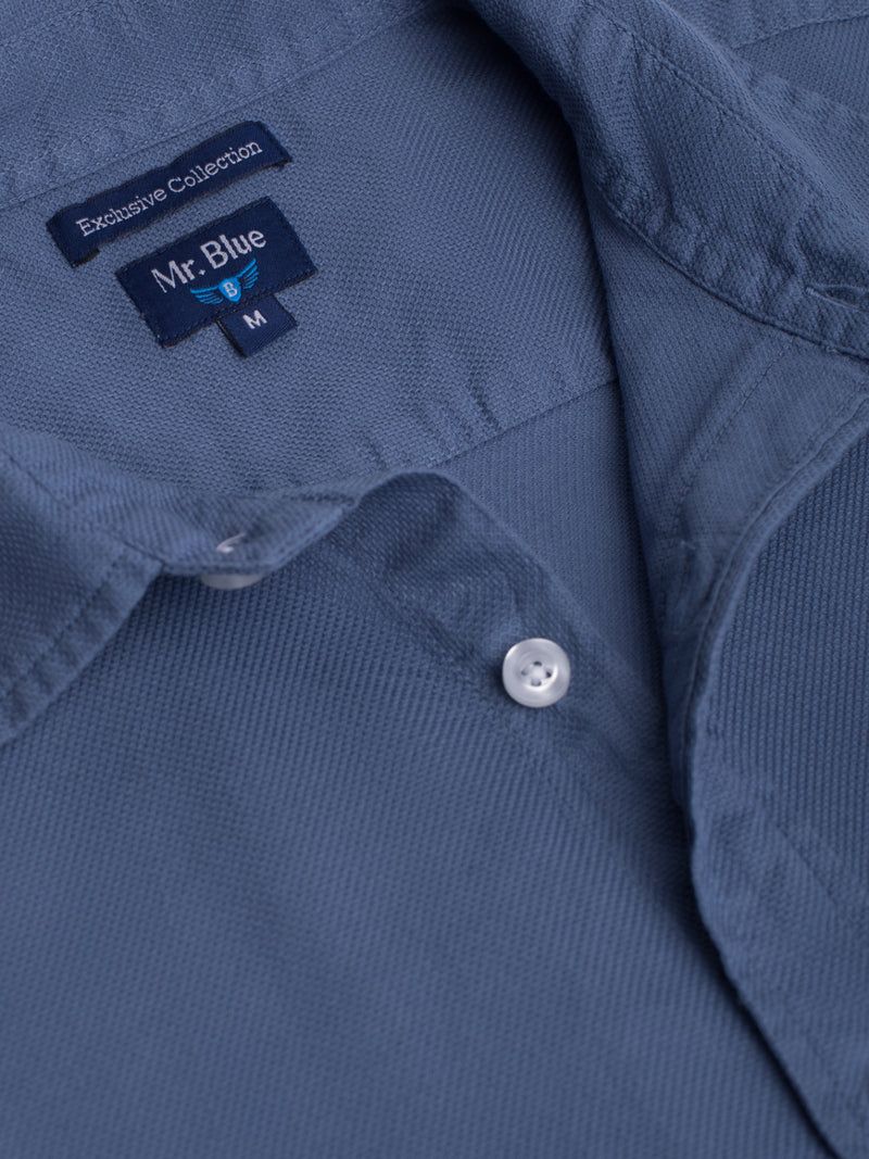Camisa linho azul denim e branco Tailored Fit com logo bordado