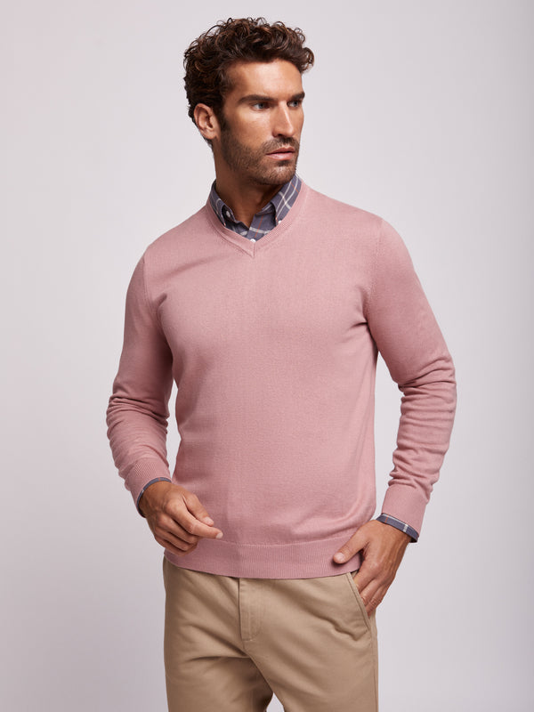 Pastel pink cotton and cashmere V-neck sweater
