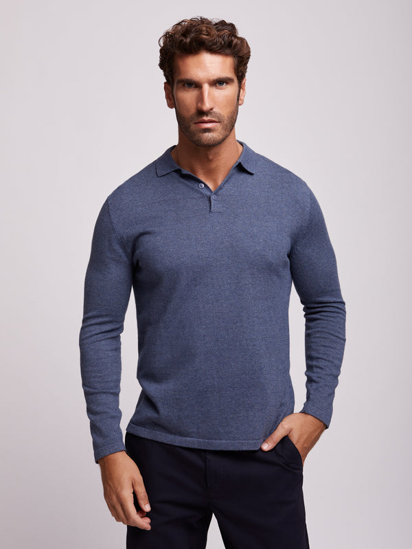 Blue cotton and merino wool polo shirt