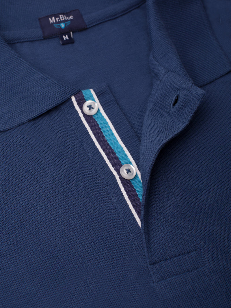 Pólo piquet manga curta de algodão azul intermédio