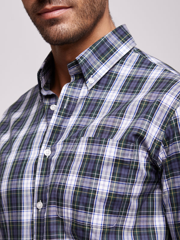 Blue, green and white checkered cotton Oxford shirt regular fit