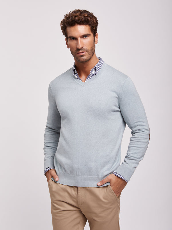 Water green cotton and cashmere V-neck sweater