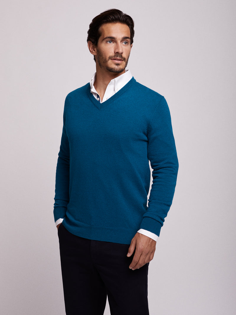 Blue wool V-neck sweater