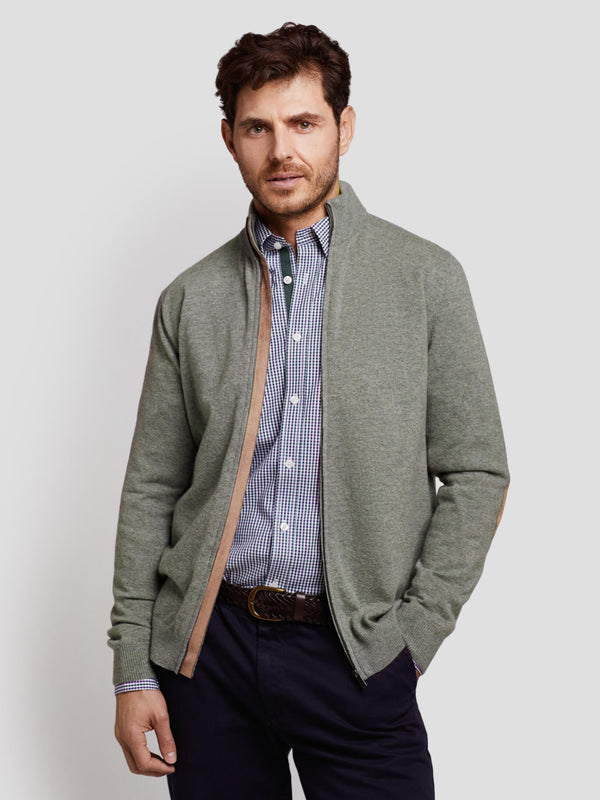 Medium green wool sweater with zip collar with elbow pads
