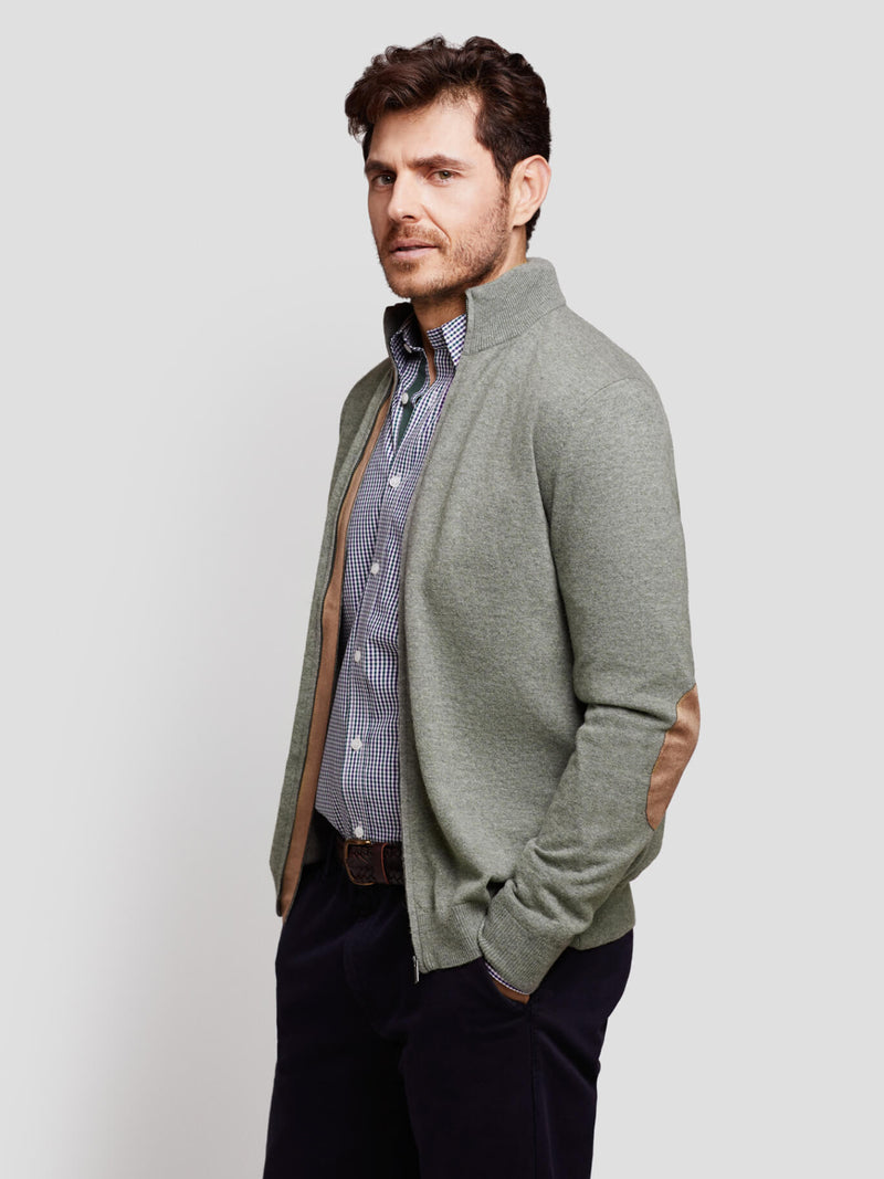 Medium green wool sweater with zip collar with elbow pads