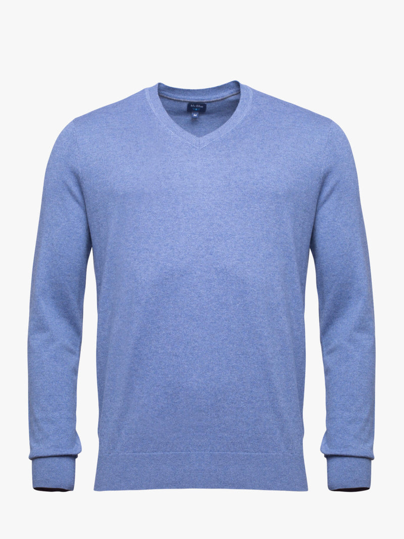 Pull col V en coton et cachemire bleu gris