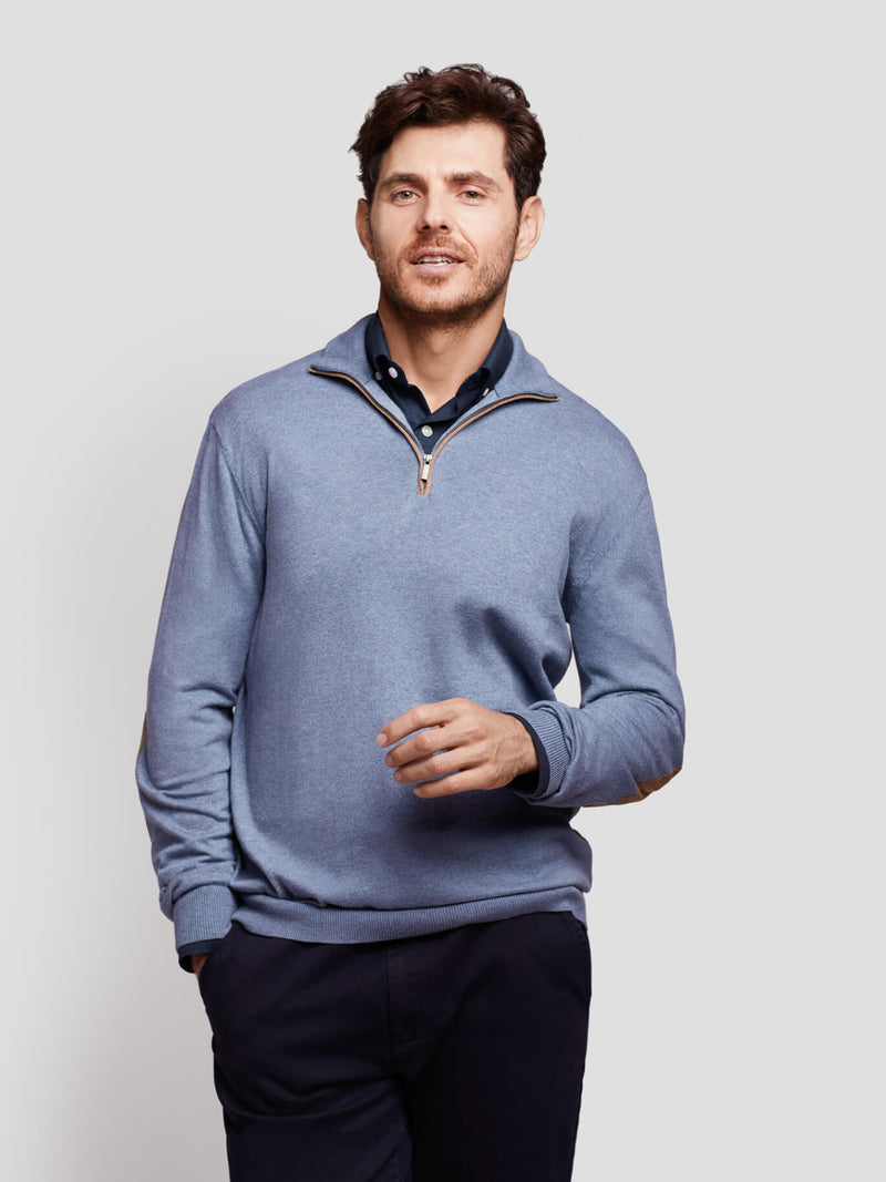 Pull col roulé bleu clair en coton et cachemire avec zip uni