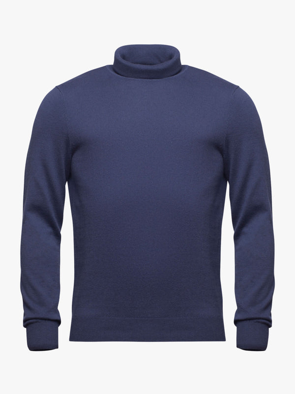 Medium blue Merino wool and cotton turtleneck sweater