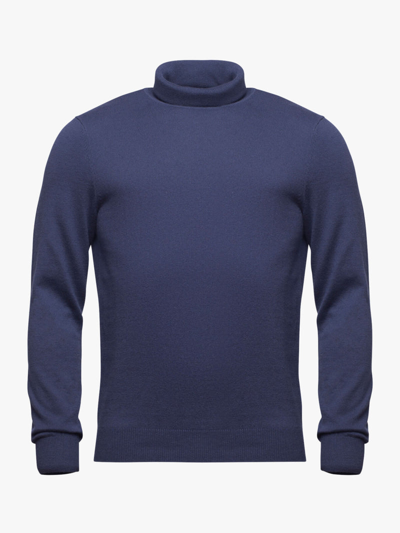 Pull col roulé bleu moyen en coton et laine Mérinos